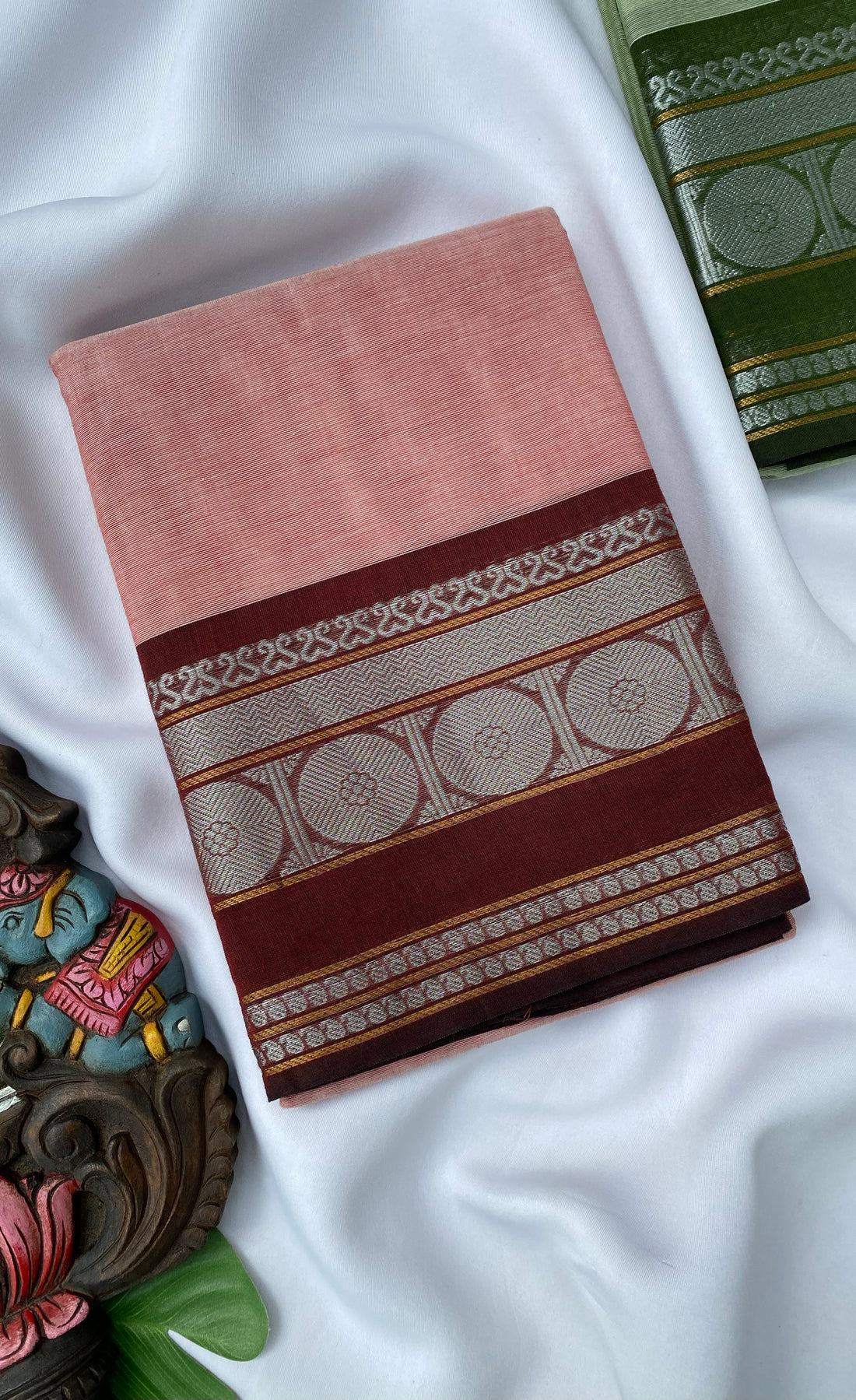 Chettinad Cotton Saree -  Peachy pink tone and Maroon shade