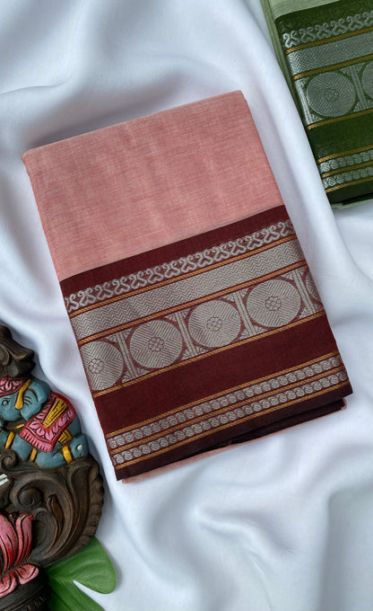 Chettinad Cotton Saree -  Peachy pink tone and Maroon shade