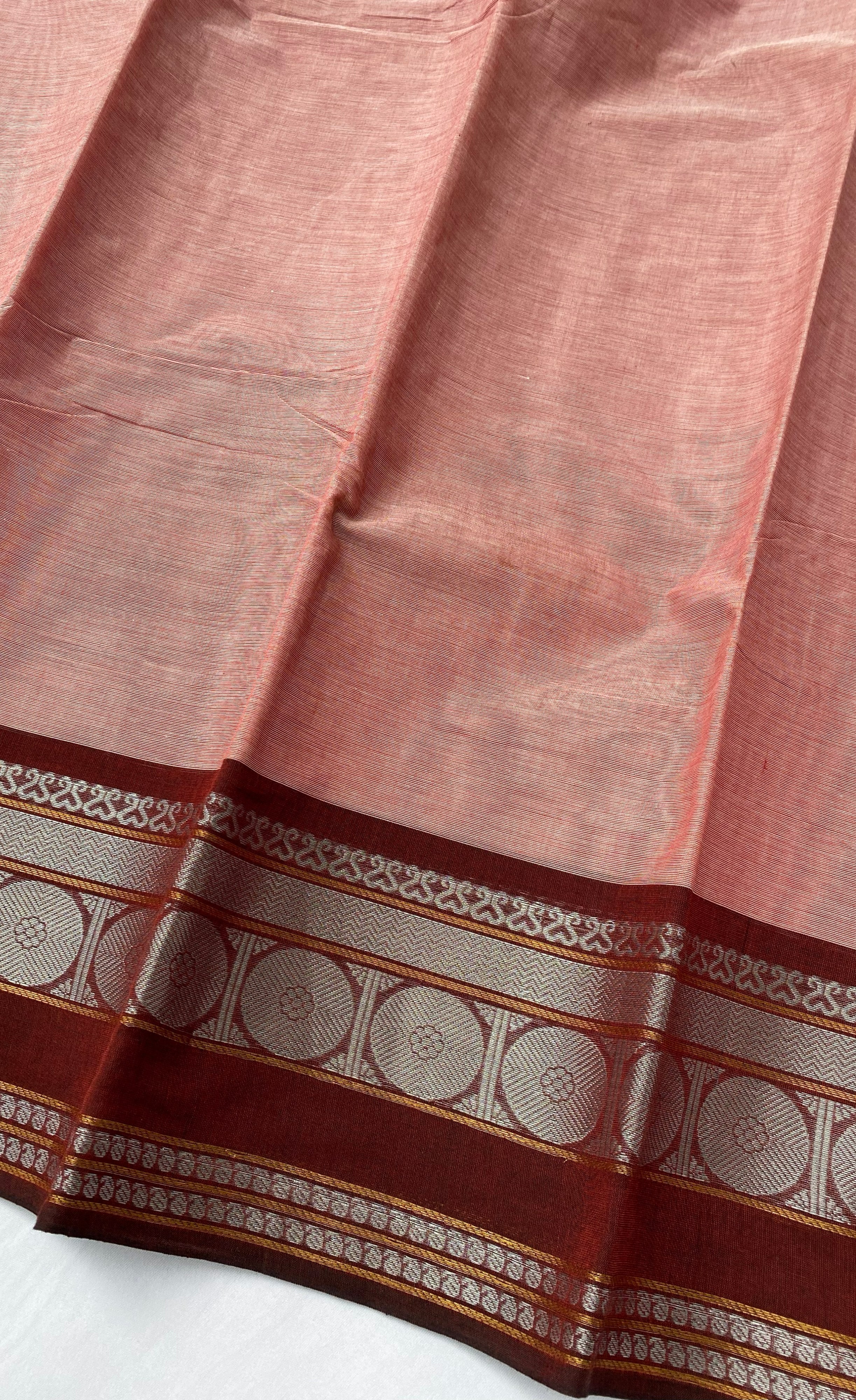 Chettinad Cotton Saree -  Peachy pink tone and Maroon shade