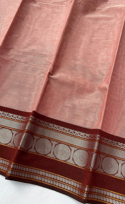 Chettinad Cotton Saree -  Peachy pink tone and Maroon shade