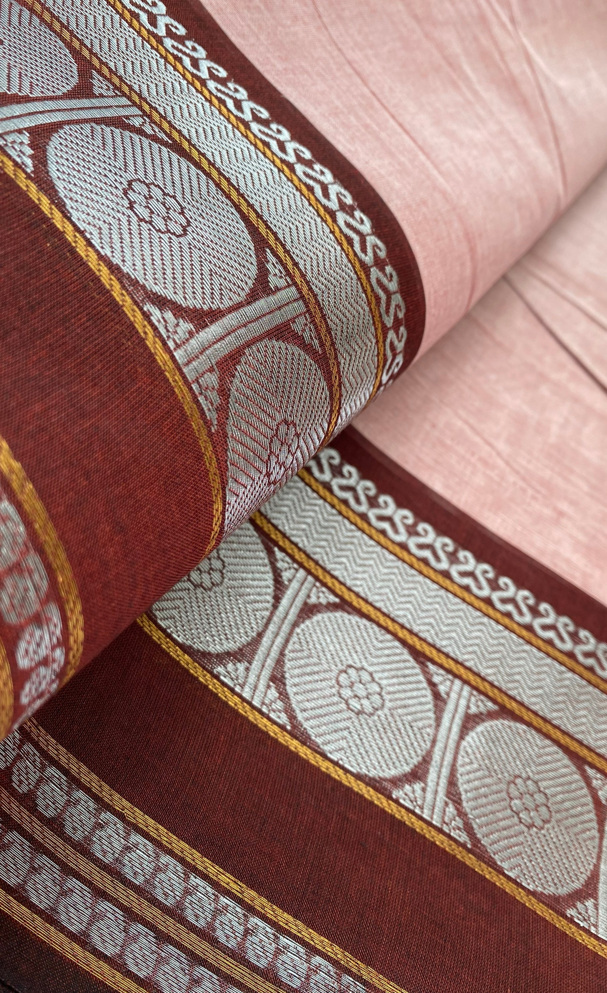 Chettinad Cotton Saree -  Peachy pink tone and Maroon shade