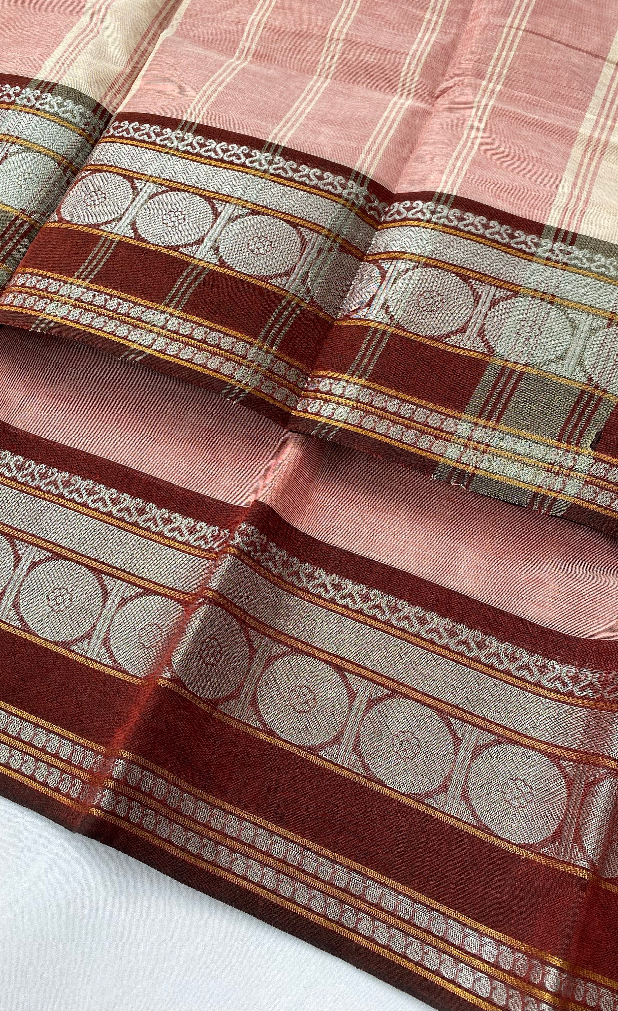 Chettinad Cotton Saree -  Peachy pink tone and Maroon shade