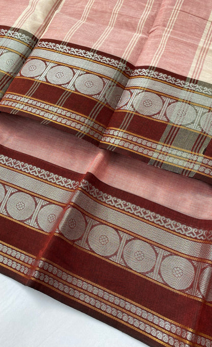 Chettinad Cotton Saree -  Peachy pink tone and Maroon shade