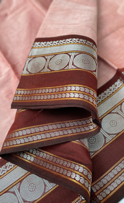 Chettinad Cotton Saree -  Peachy pink tone and Maroon shade