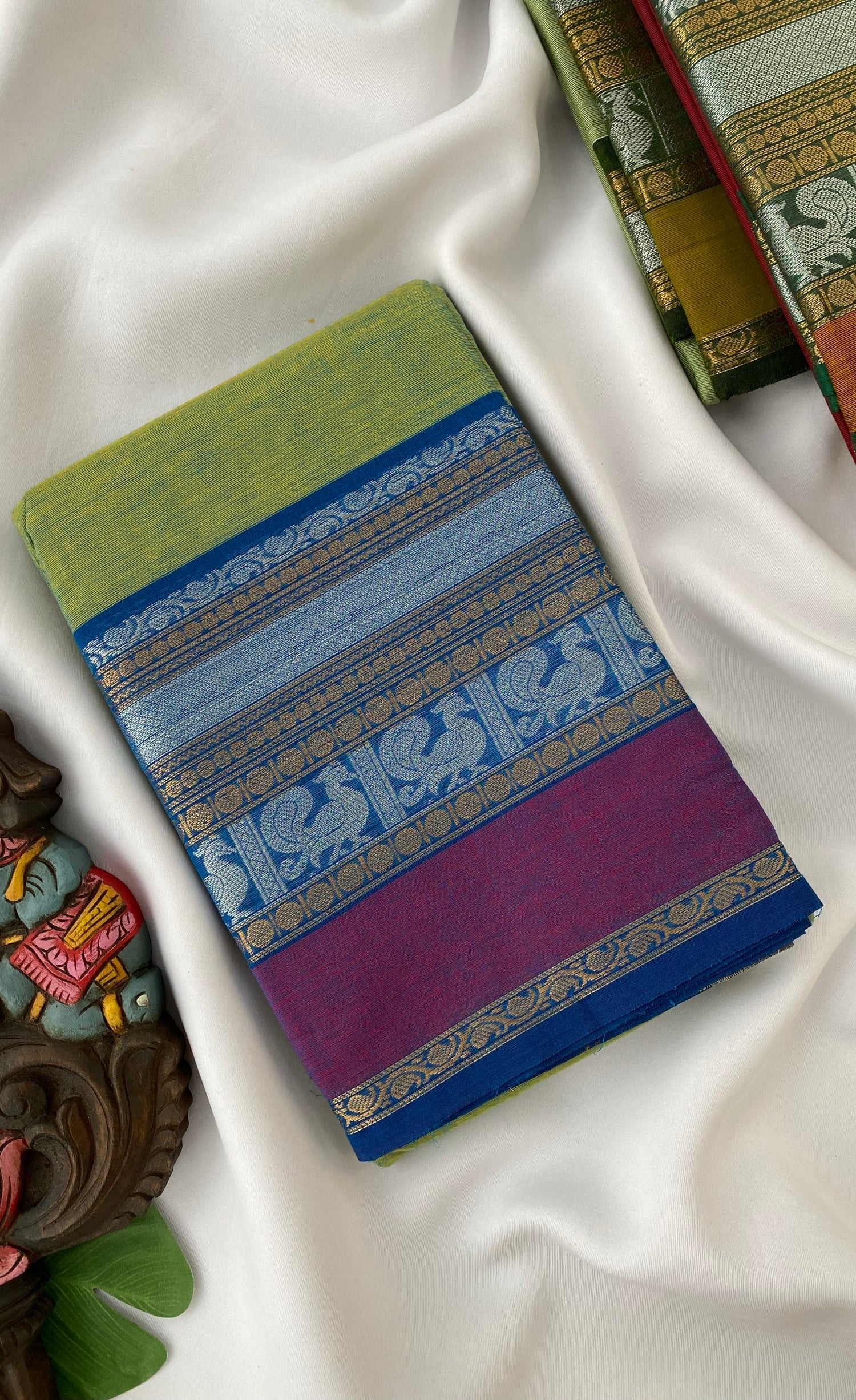 Chettinad Cotton Saree -  Parrot green tone and Blue shade