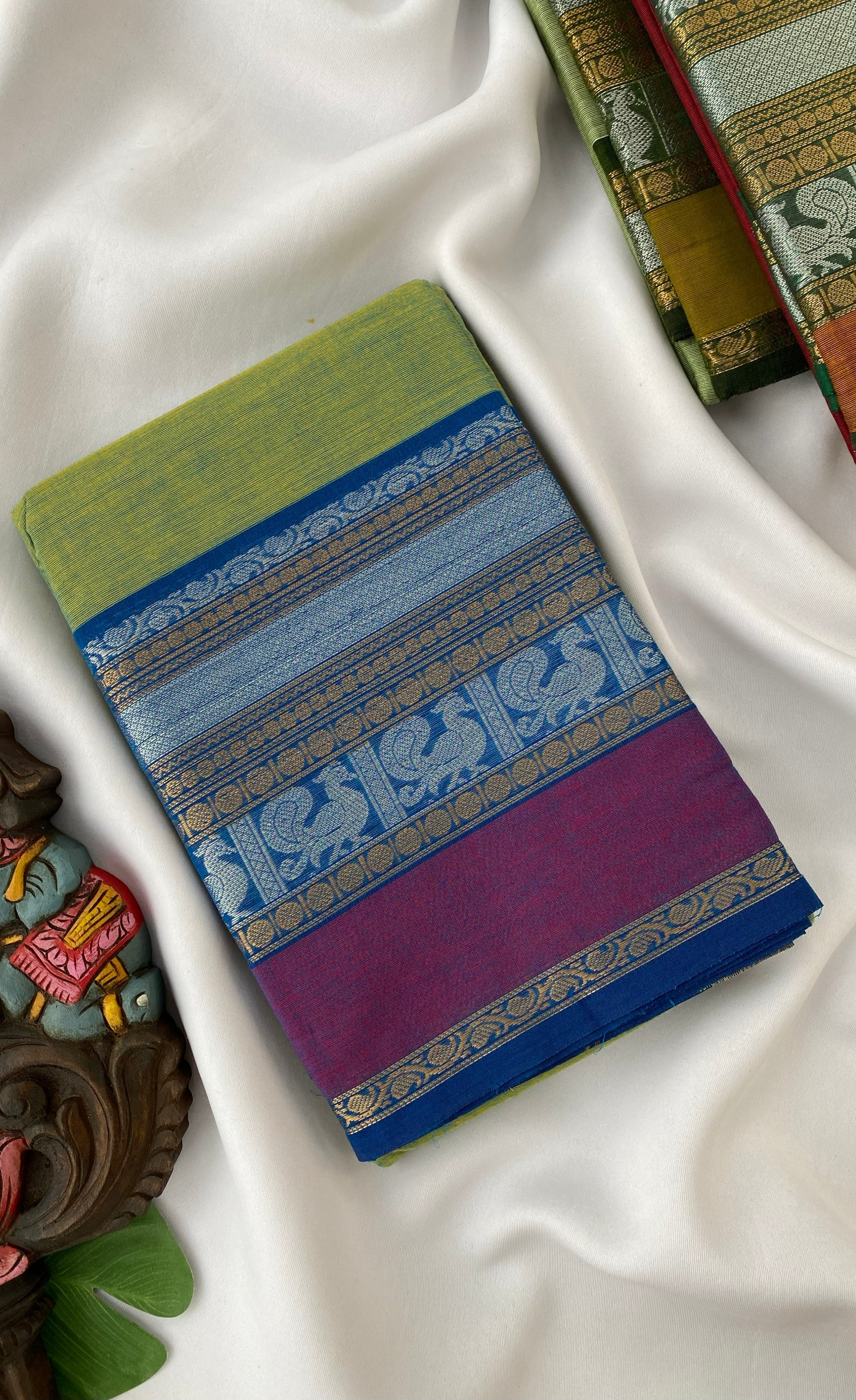 Chettinad Cotton Saree -  Parrot green tone and Blue shade