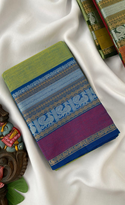 Chettinad Cotton Saree -  Parrot green tone and Blue shade
