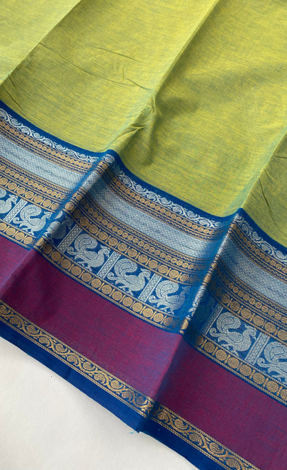 Chettinad Cotton Saree -  Parrot green tone and Blue shade