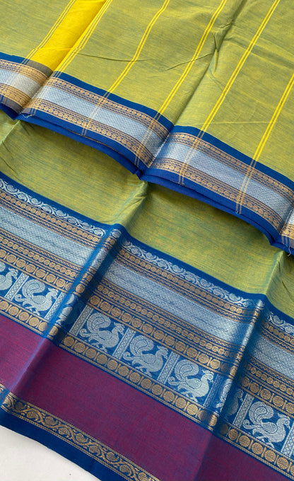 Chettinad Cotton Saree -  Parrot green tone and Blue shade