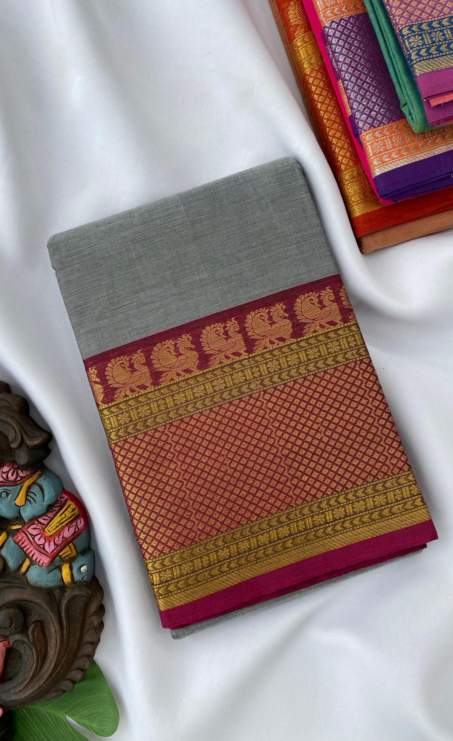 Chettinad Cotton Saree -  Grey tone and Magenta pink shade