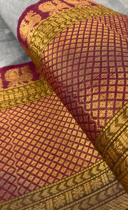 Chettinad Cotton Saree -  Grey tone and Magenta pink shade