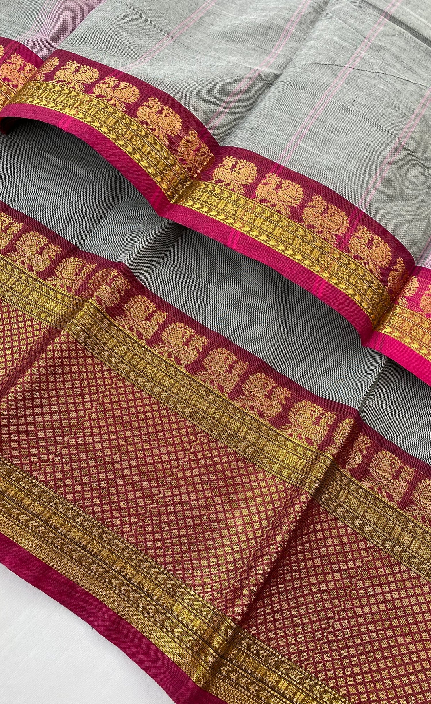 Chettinad Cotton Saree -  Grey tone and Magenta pink shade