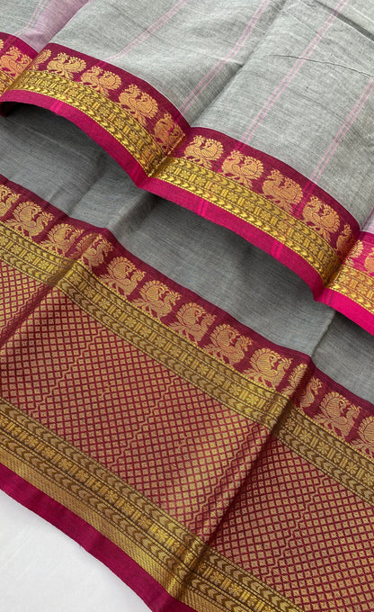 Chettinad Cotton Saree -  Grey tone and Magenta pink shade