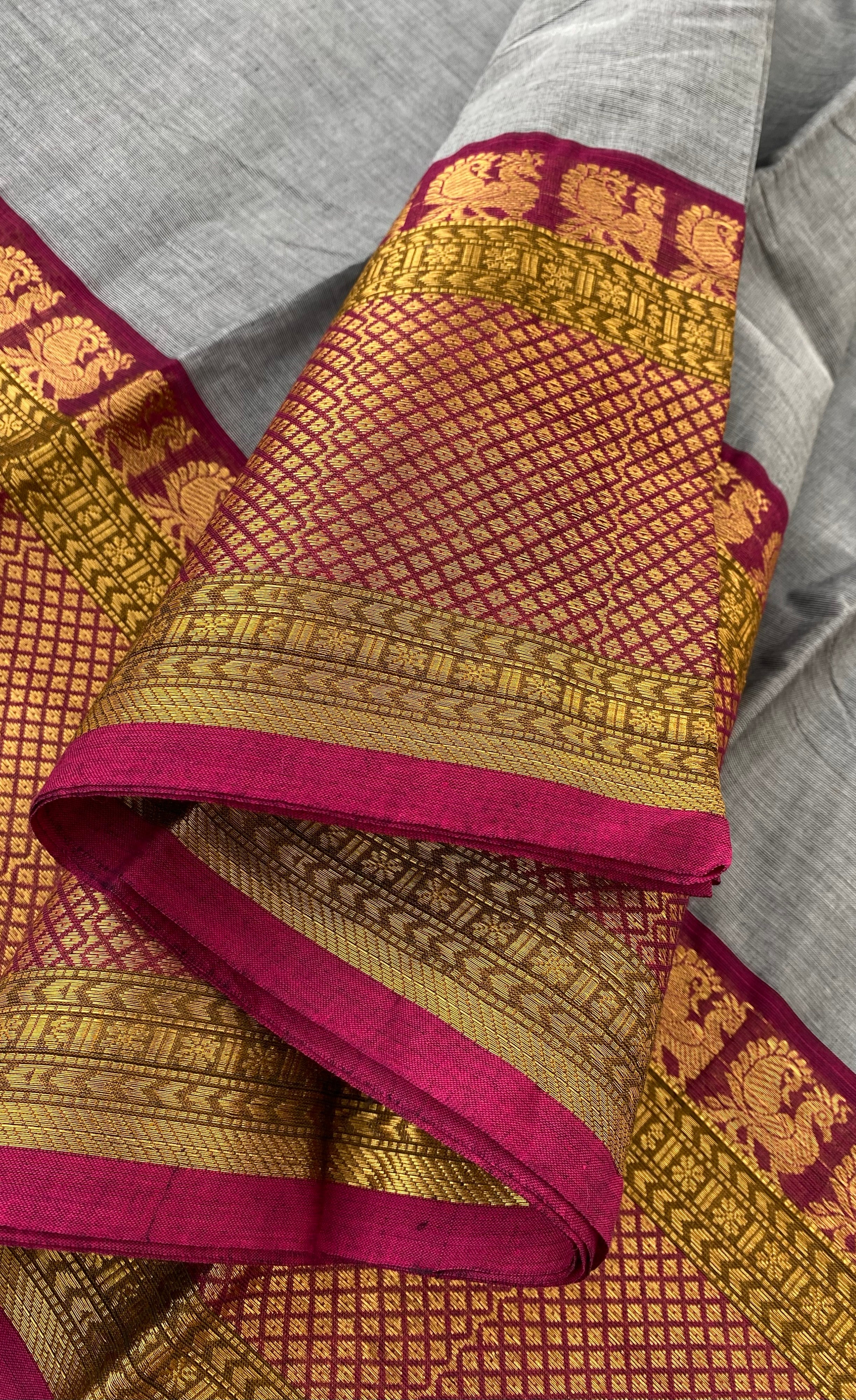 Chettinad Cotton Saree -  Grey tone and Magenta pink shade