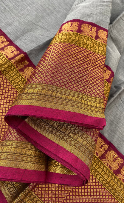 Chettinad Cotton Saree -  Grey tone and Magenta pink shade