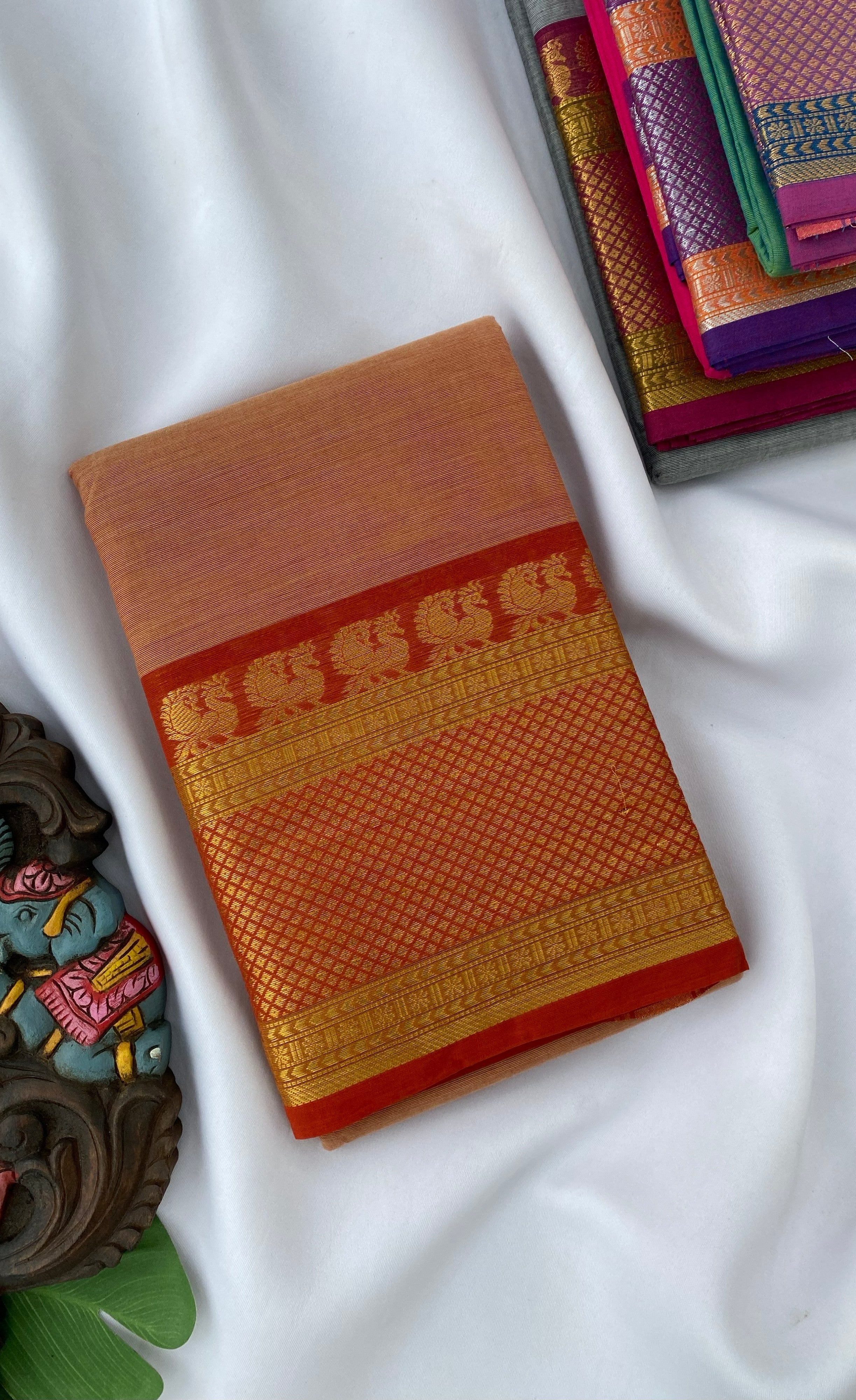 Chettinad Cotton Saree -  Brownish orange tone and Dark orange shade