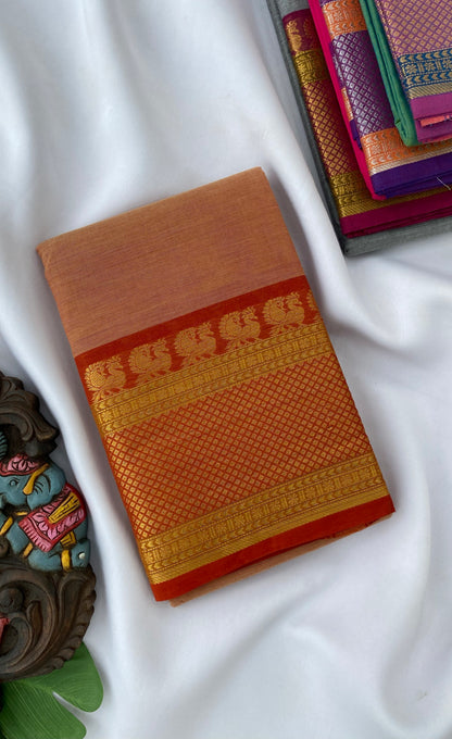 Chettinad Cotton Saree -  Brownish orange tone and Dark orange shade