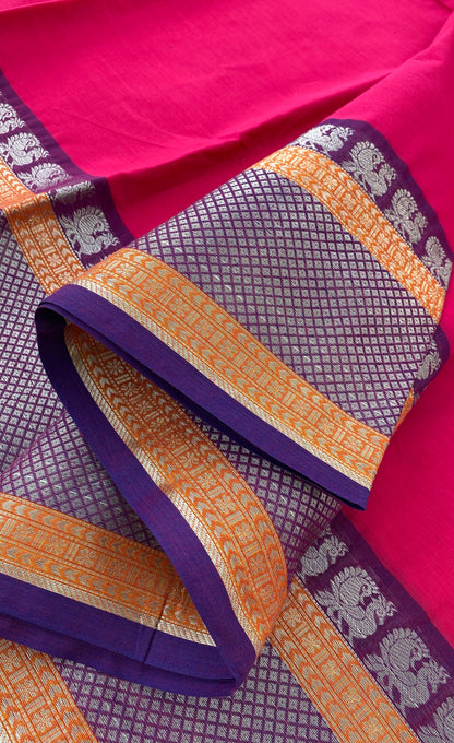 Chettinad Cotton Saree -  Dark pink tone and Bluish purple shade