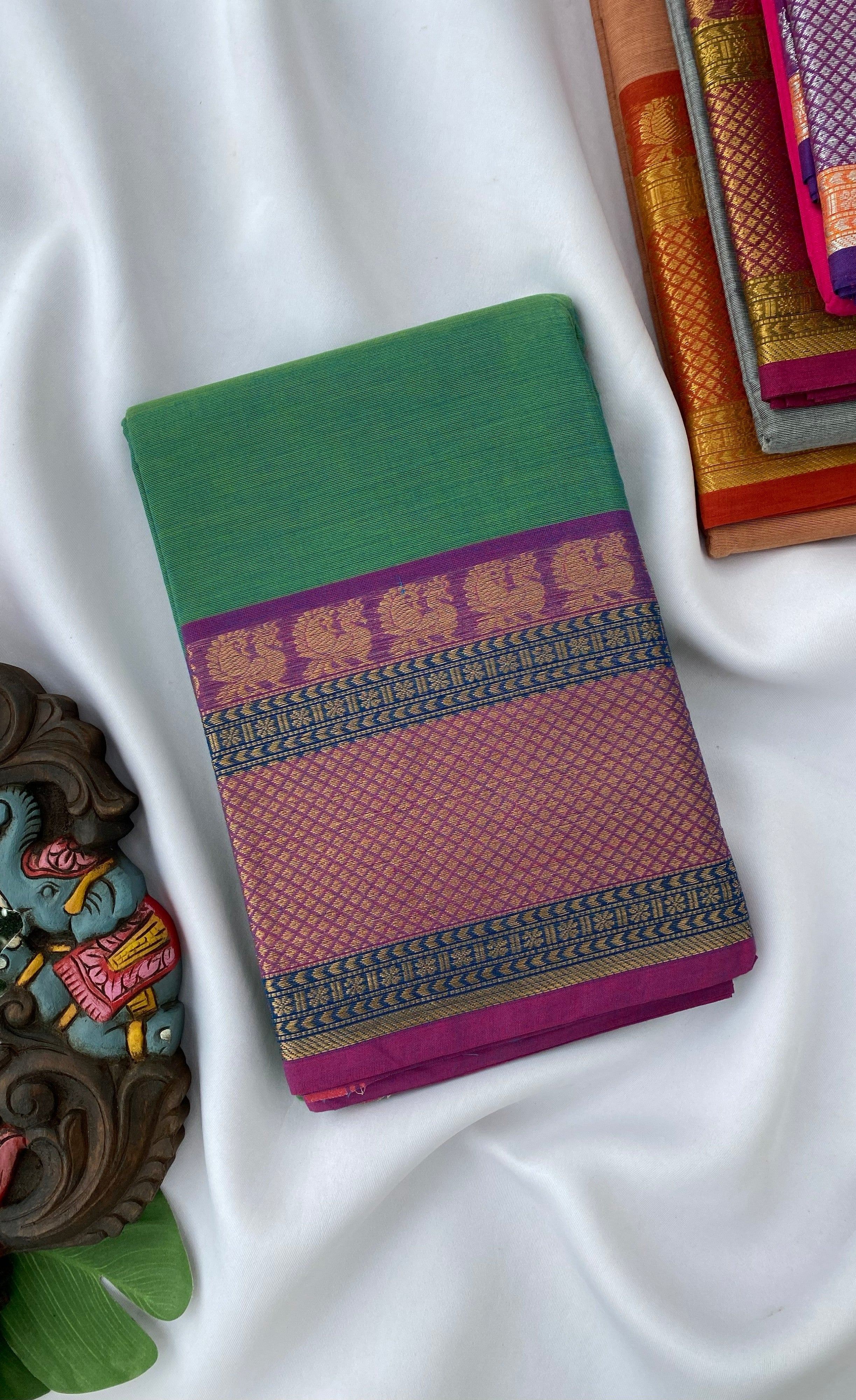 Chettinad Cotton Saree -  Teal green tone and Pinkish purple shade