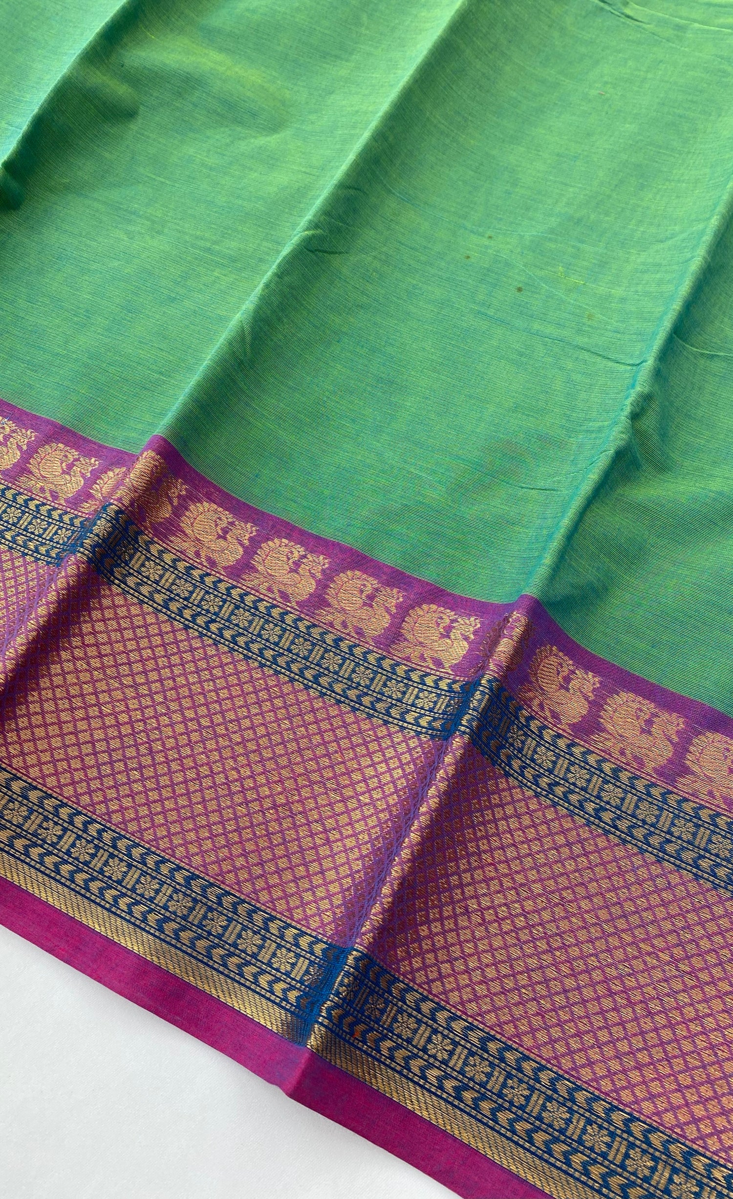Chettinad Cotton Saree -  Teal green tone and Pinkish purple shade