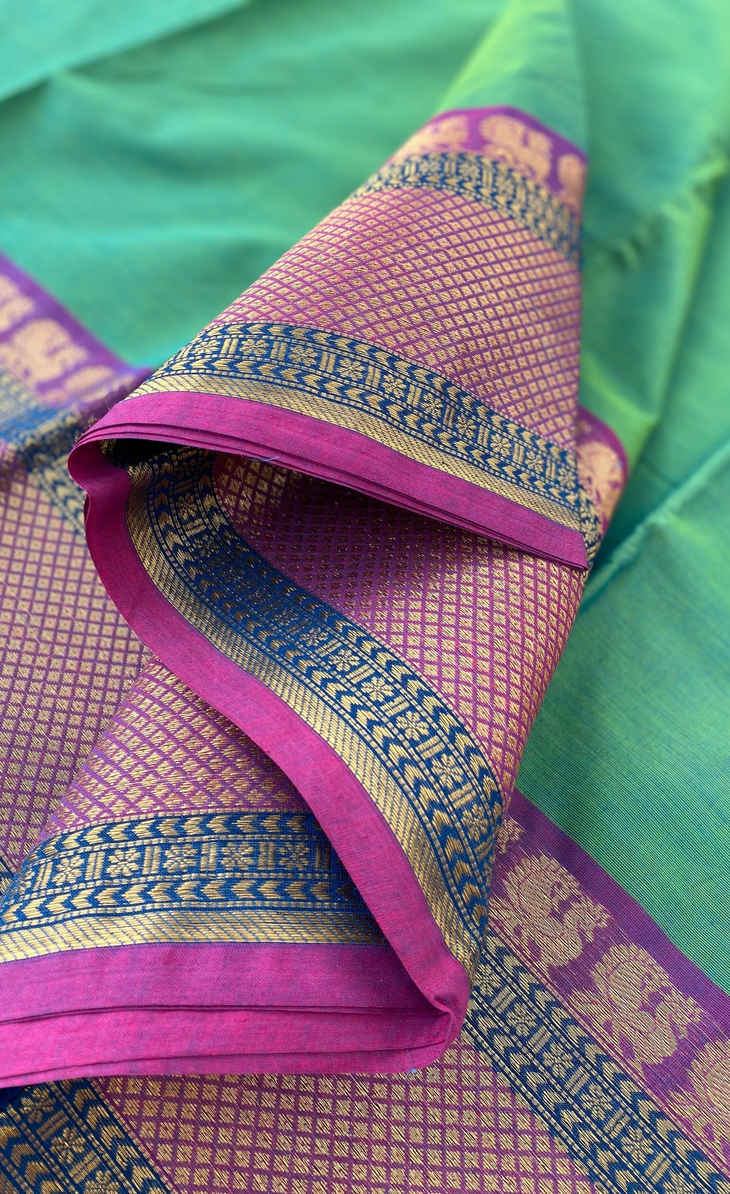 Chettinad Cotton Saree -  Teal green tone and Pinkish purple shade