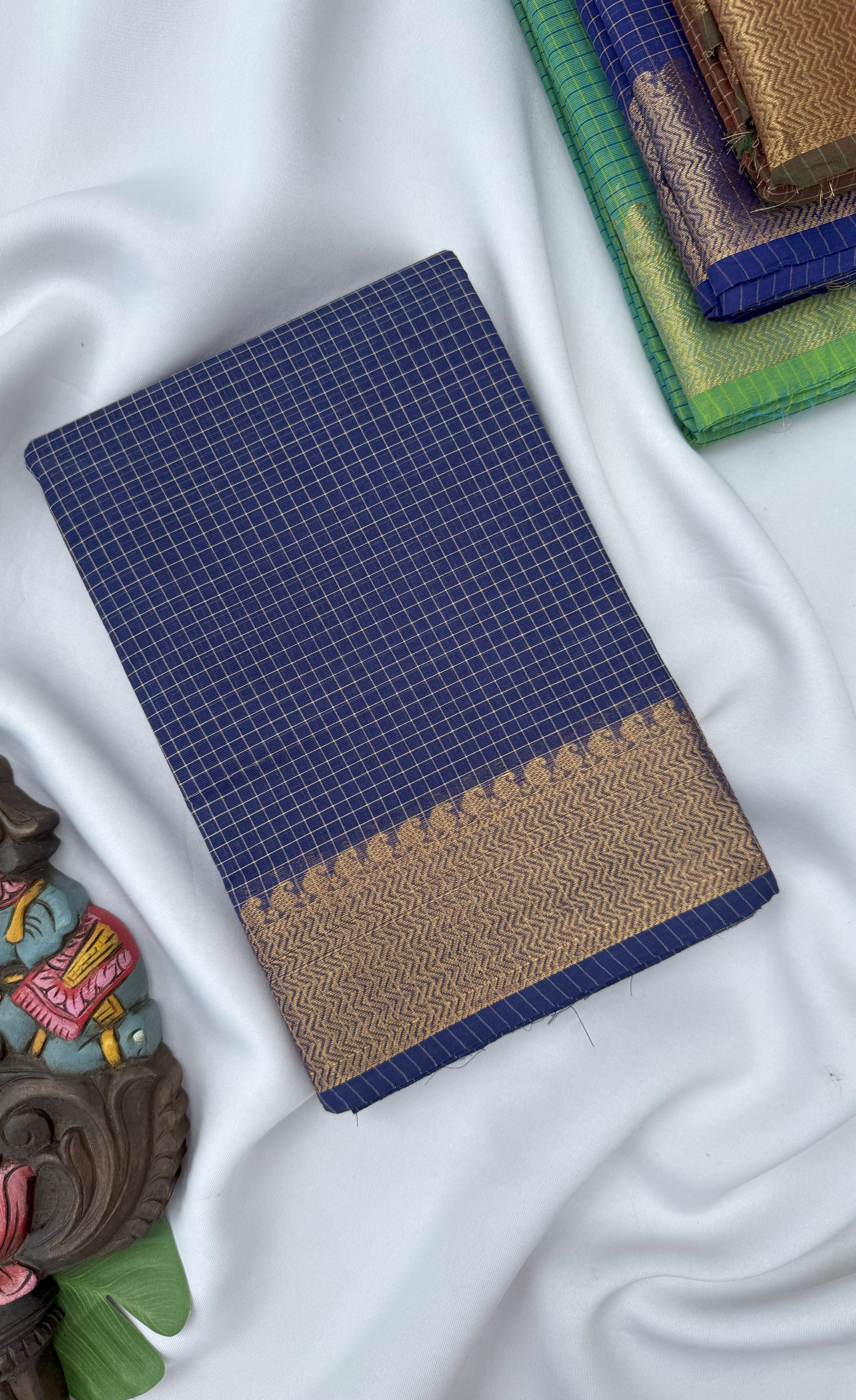 Chettinad Cotton Saree - Dark blue shade and Gold tone