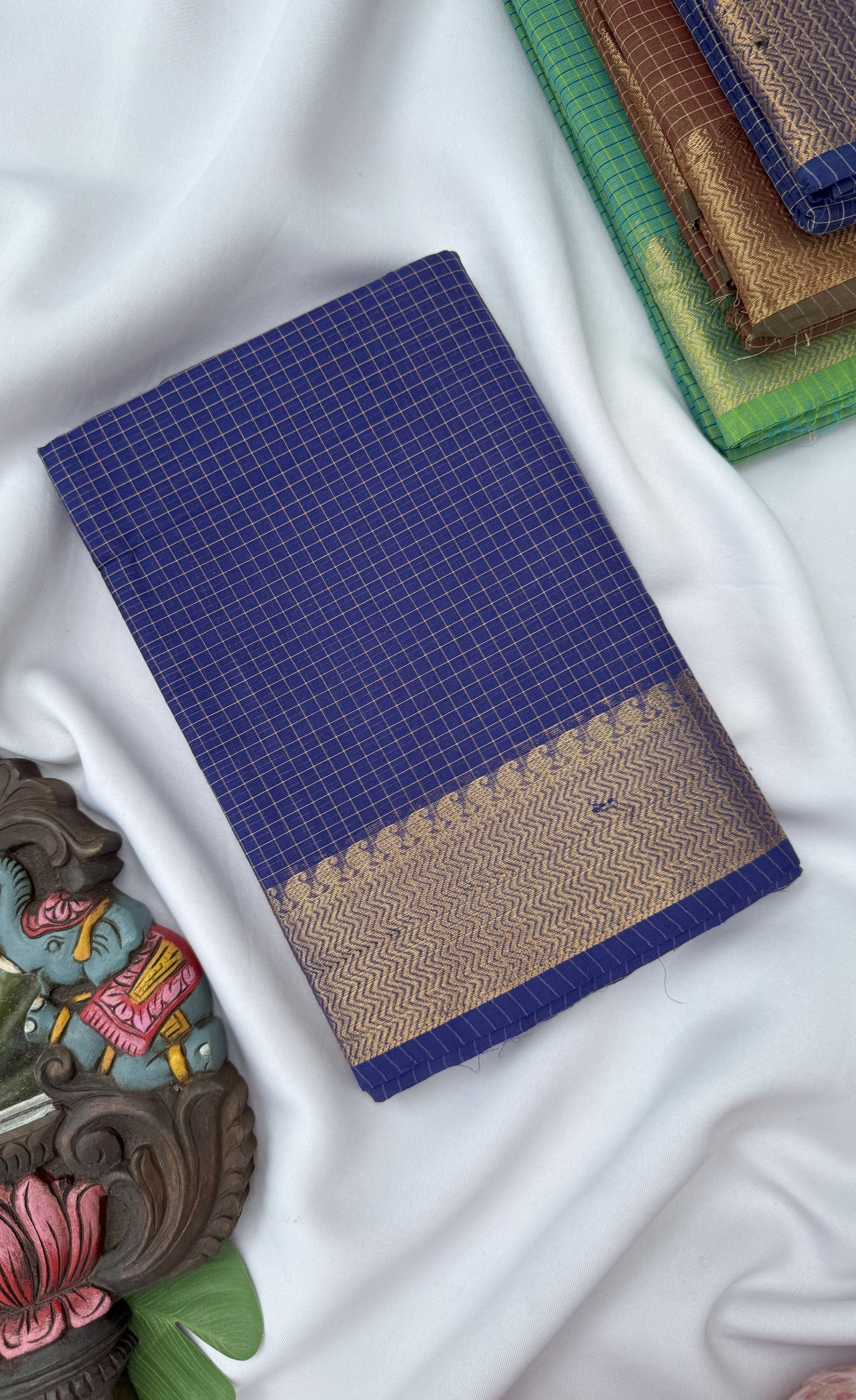 Chettinad Cotton Saree - Ink blue shade and Gold tone