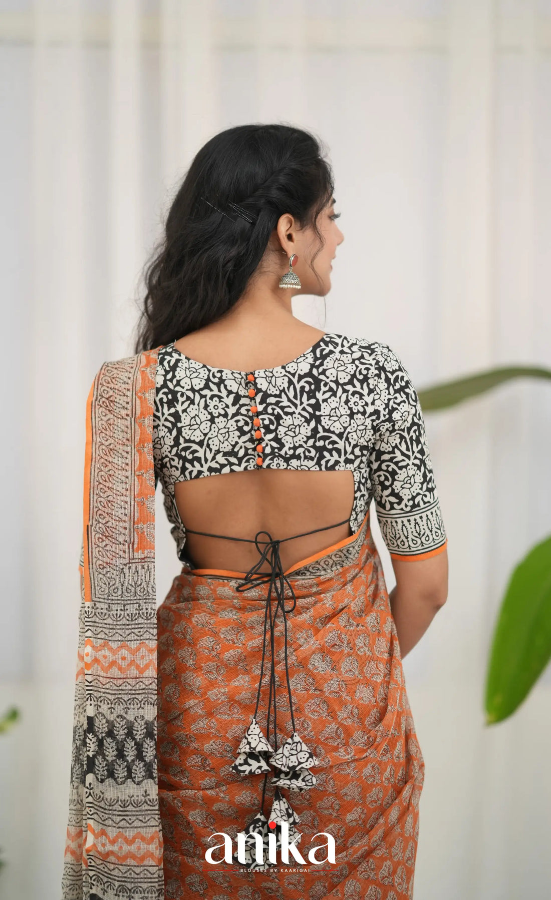 Black and Orange- Hand Block Printed Cotton Blouse