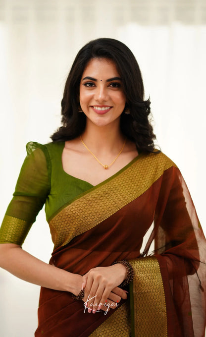 Brown and Olive Green Handloom Maheswari Silk Cotton Saree - Sarees