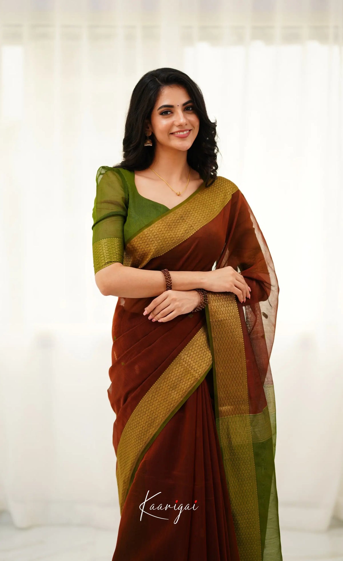 Brown and Olive Green Handloom Maheswari Silk Cotton Saree - Sarees