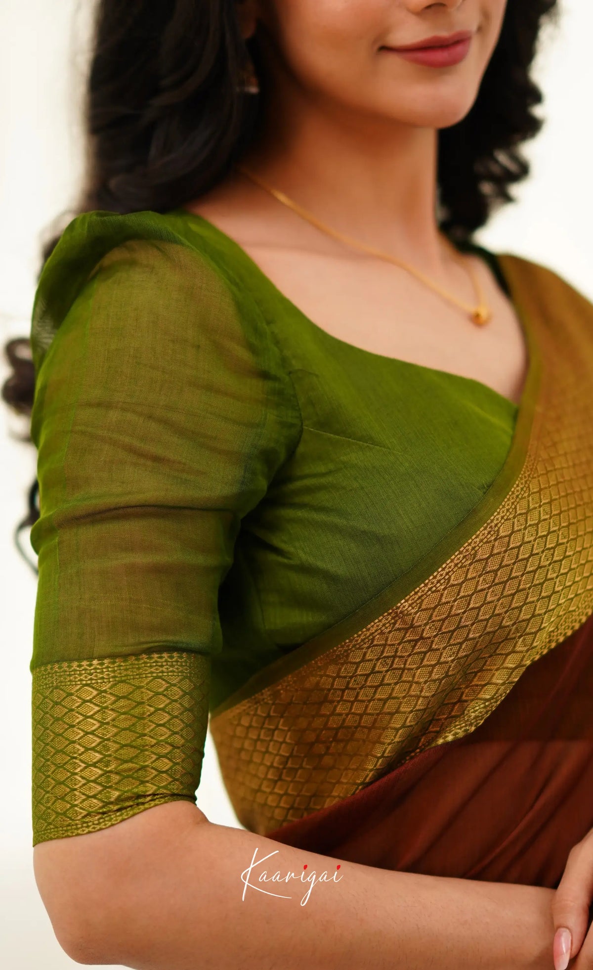 Brown and Olive Green Handloom Maheswari Silk Cotton Saree - Sarees