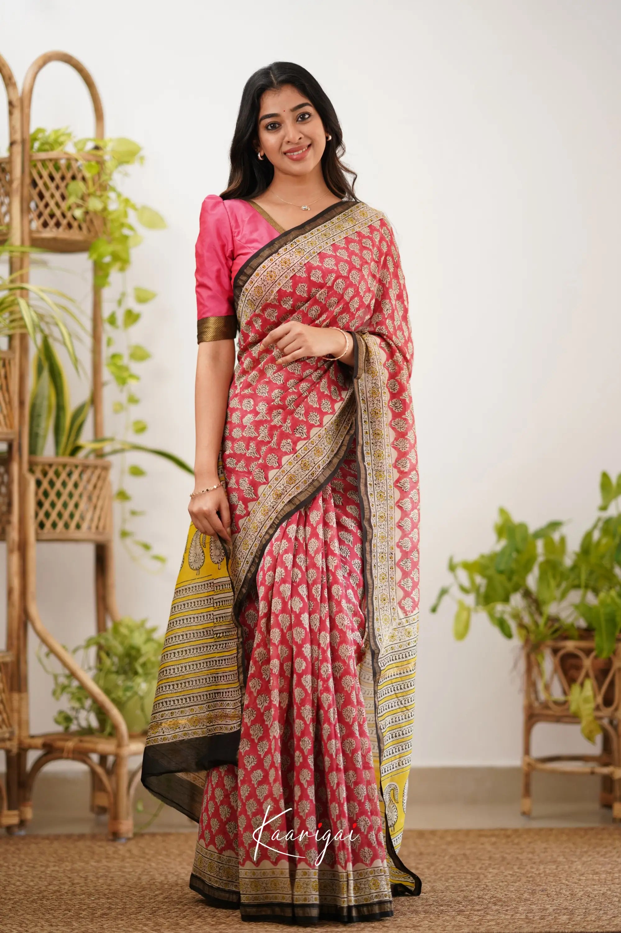 Chaavi Chanderi Saree - Bright Pink And Black Sarees