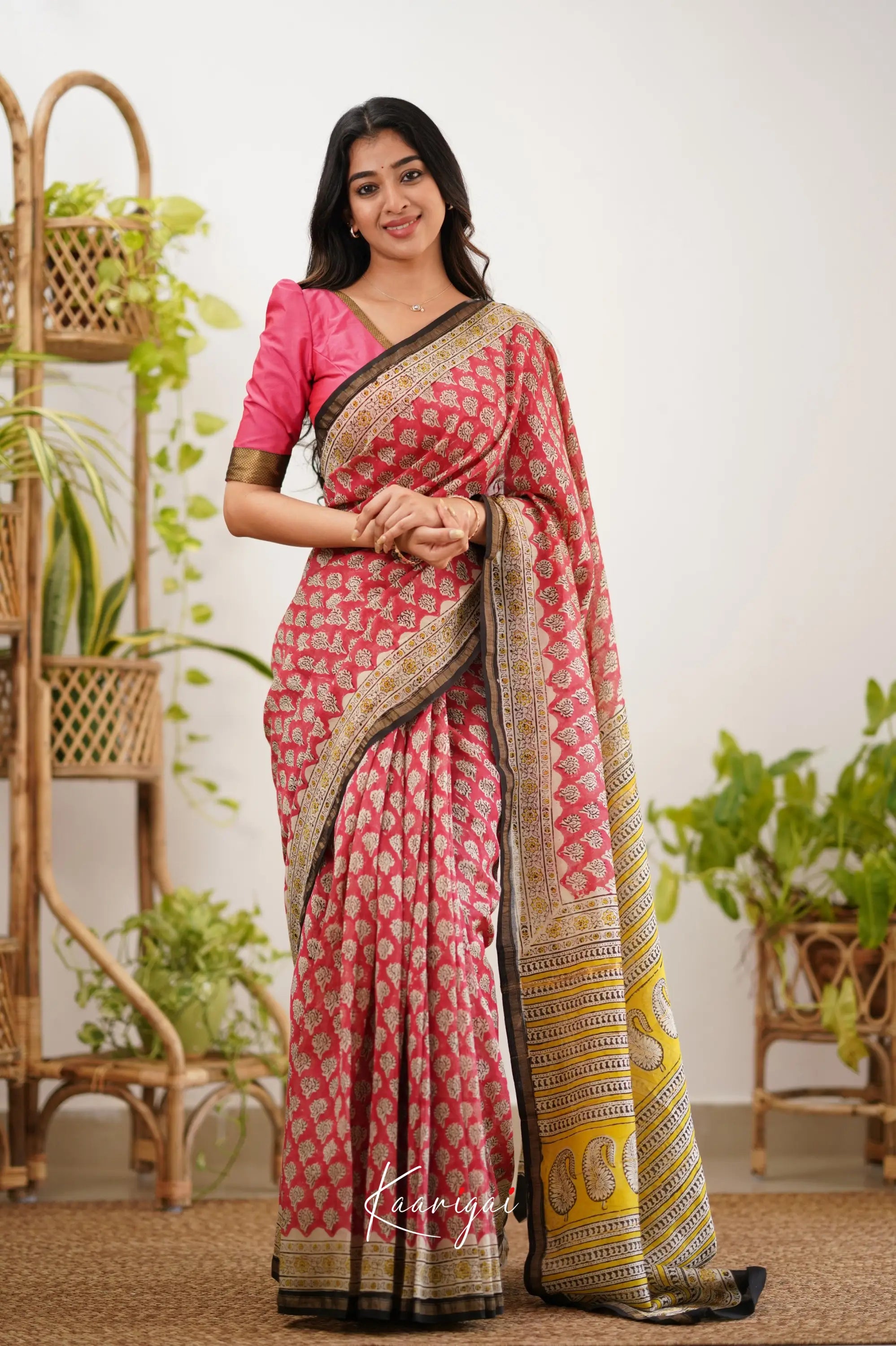 Chaavi Chanderi Saree - Bright Pink And Black Sarees