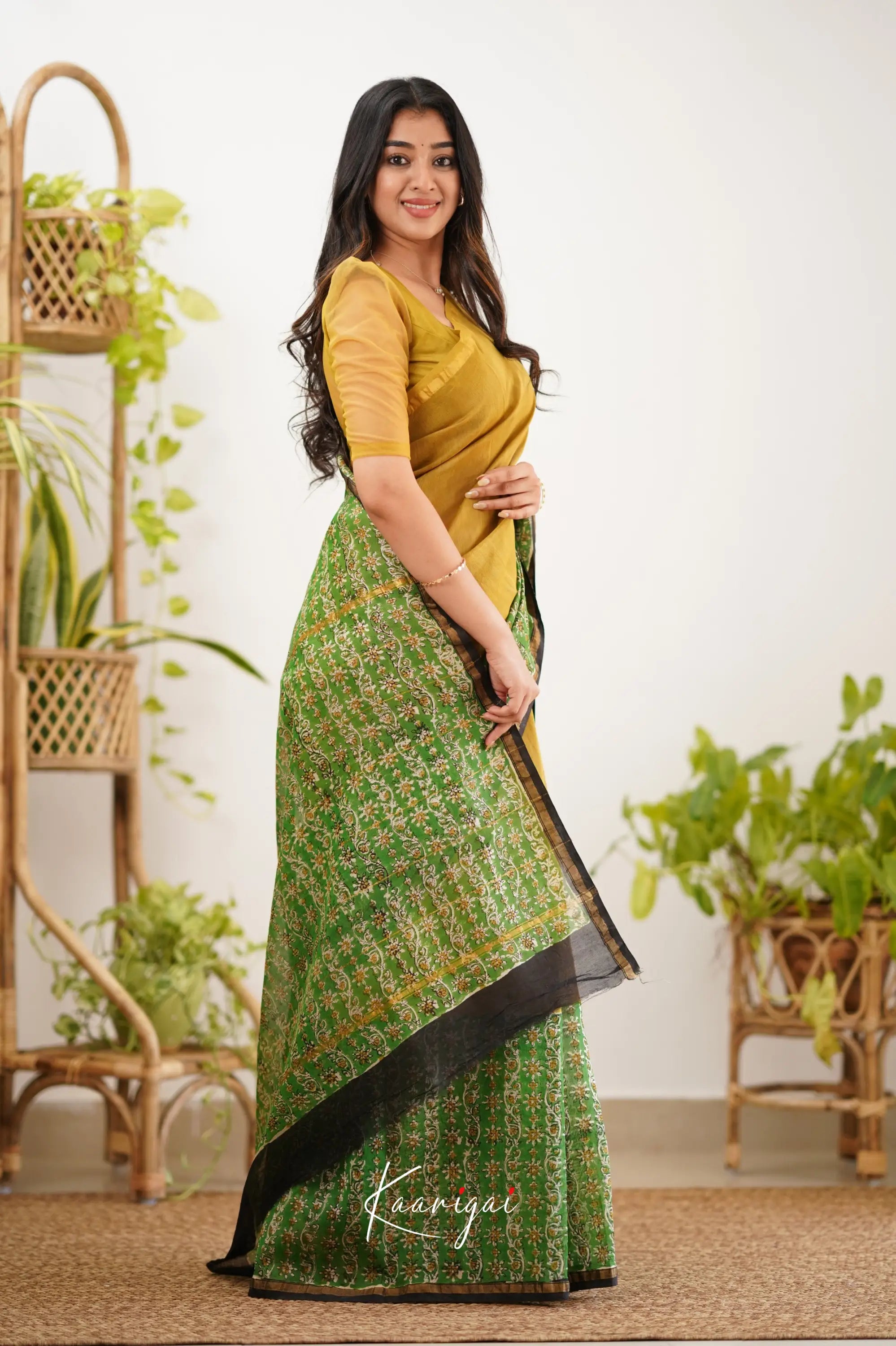 Chaavi Chanderi Saree - Mustard Yellow And Green Sarees