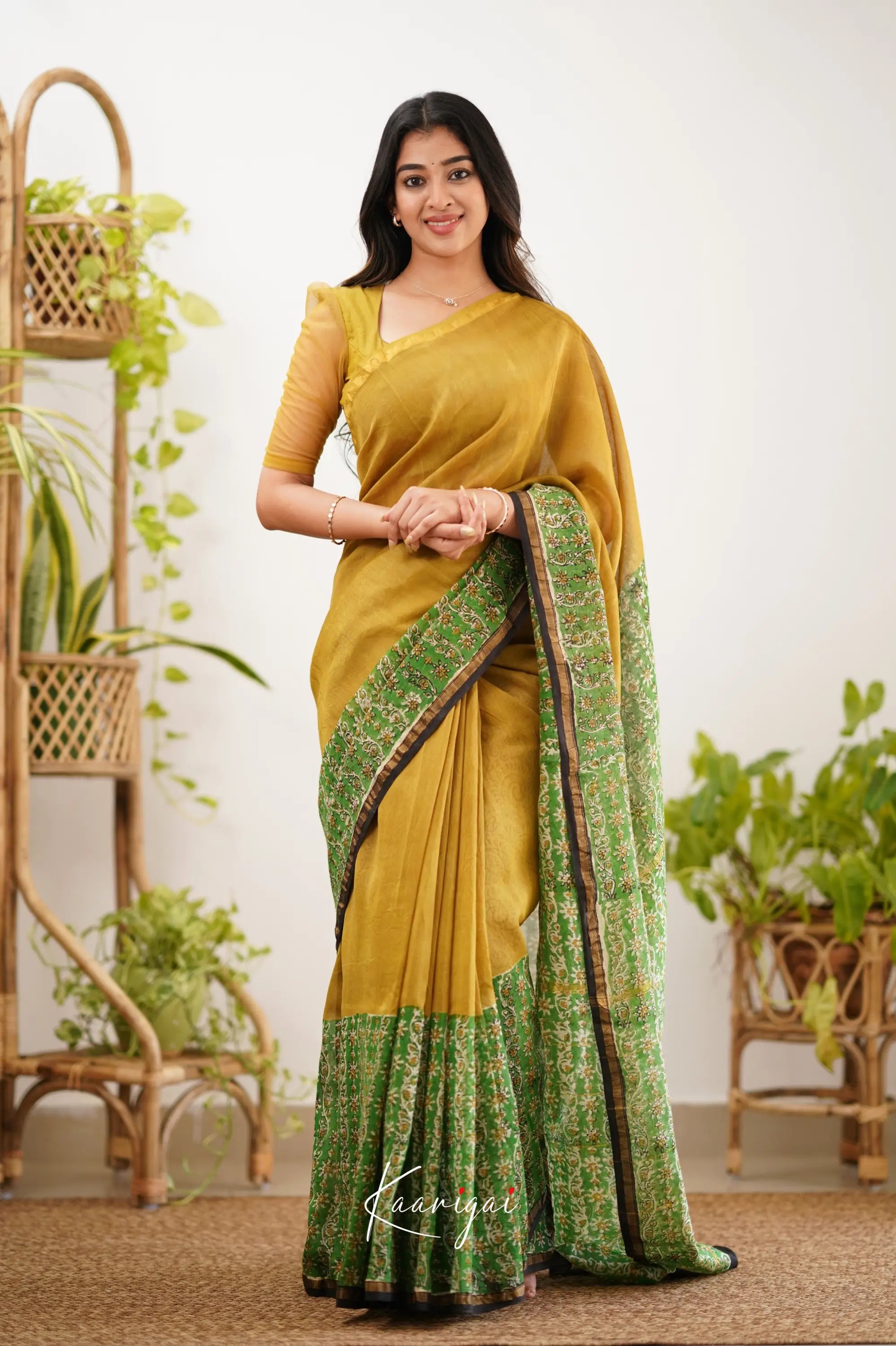 Chaavi Chanderi Saree - Mustard Yellow And Green Sarees