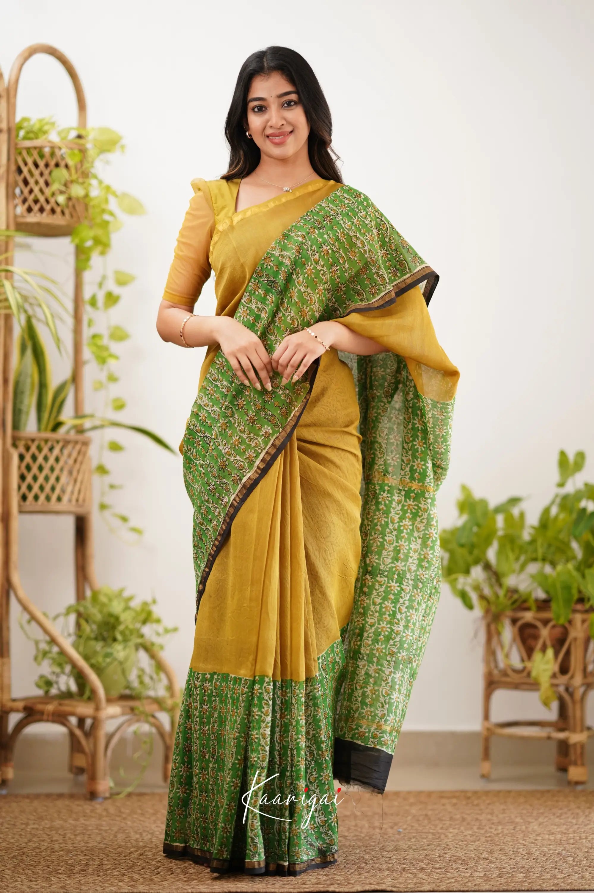 Chaavi Chanderi Saree - Mustard Yellow And Green Sarees