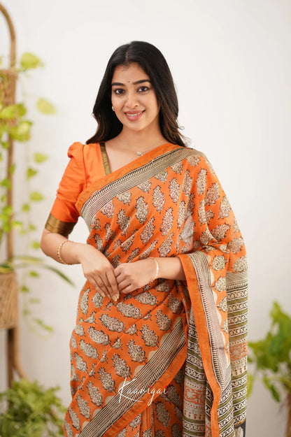 Chaavi Chanderi Saree - Orange And Olive Green Sarees