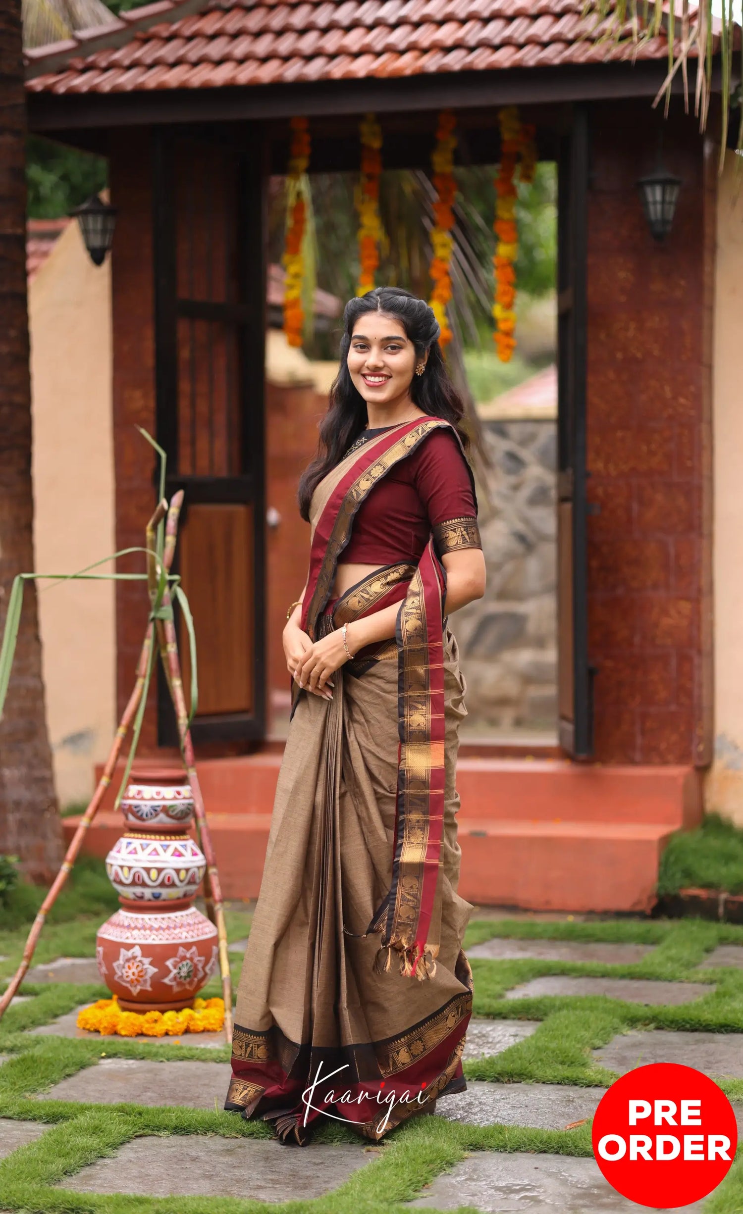 Chettinad Cotton Saree - Beige and Dark Maroon Sarees