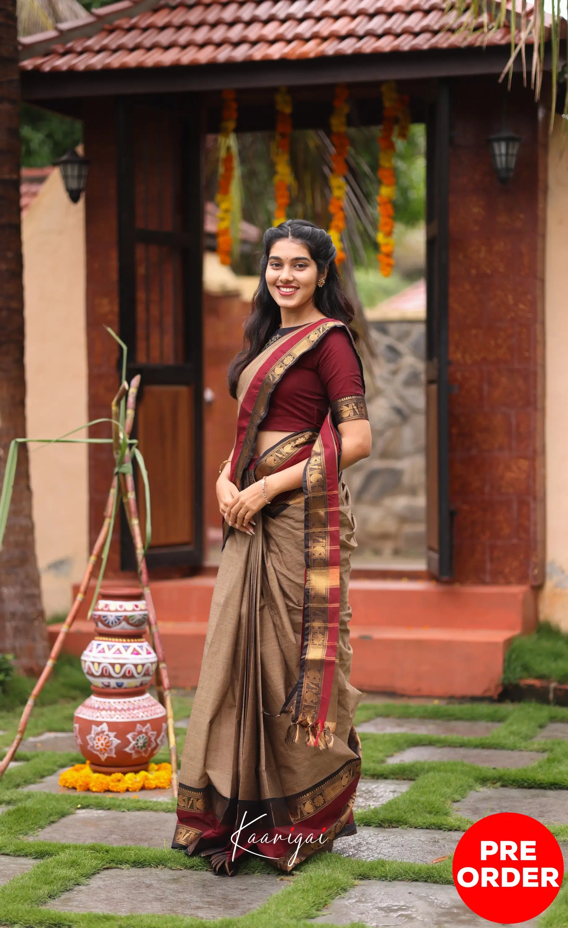 Chettinad Cotton Saree - Beige and Dark Maroon Sarees