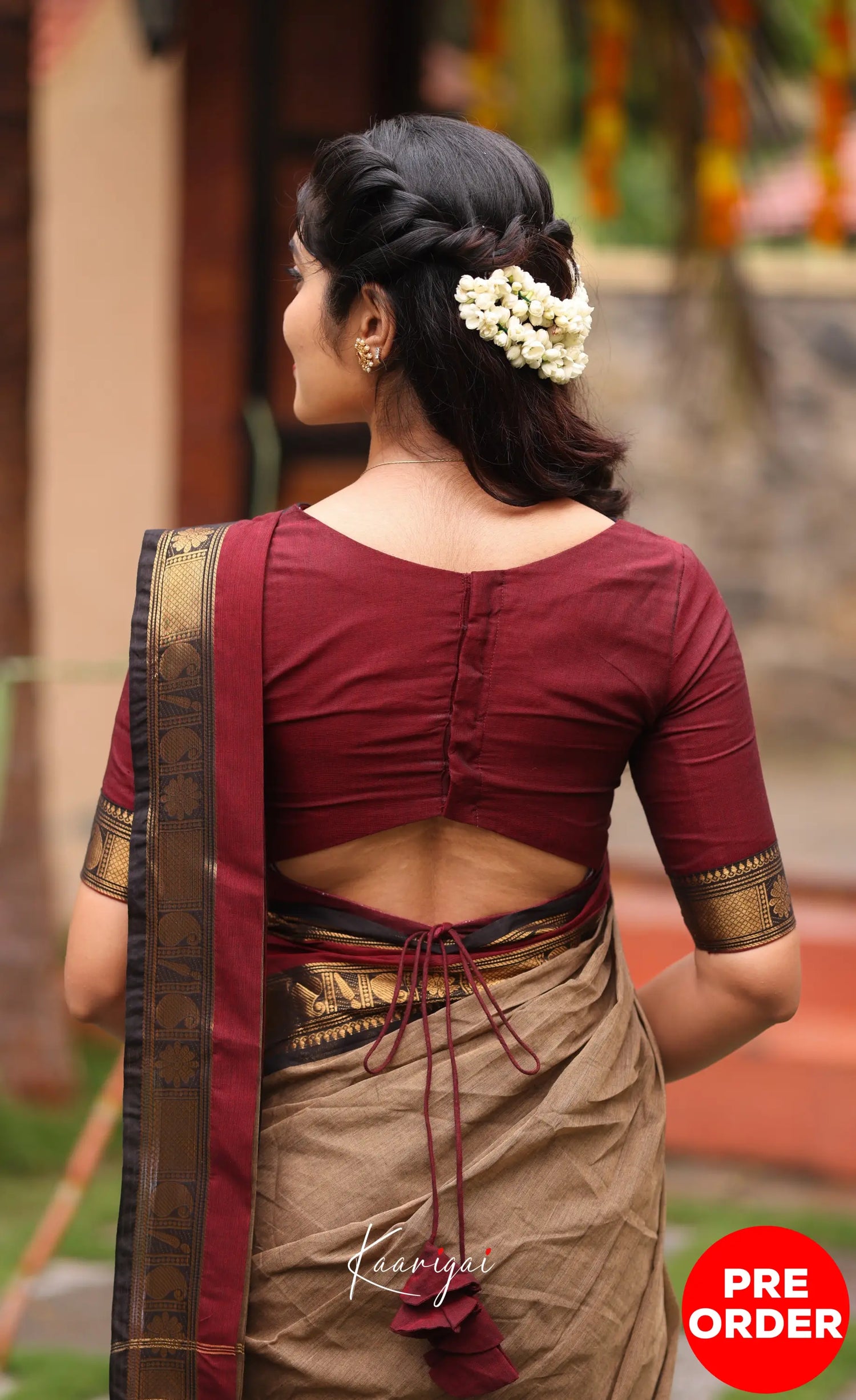 Chettinad Cotton Saree - Beige and Dark Maroon Sarees
