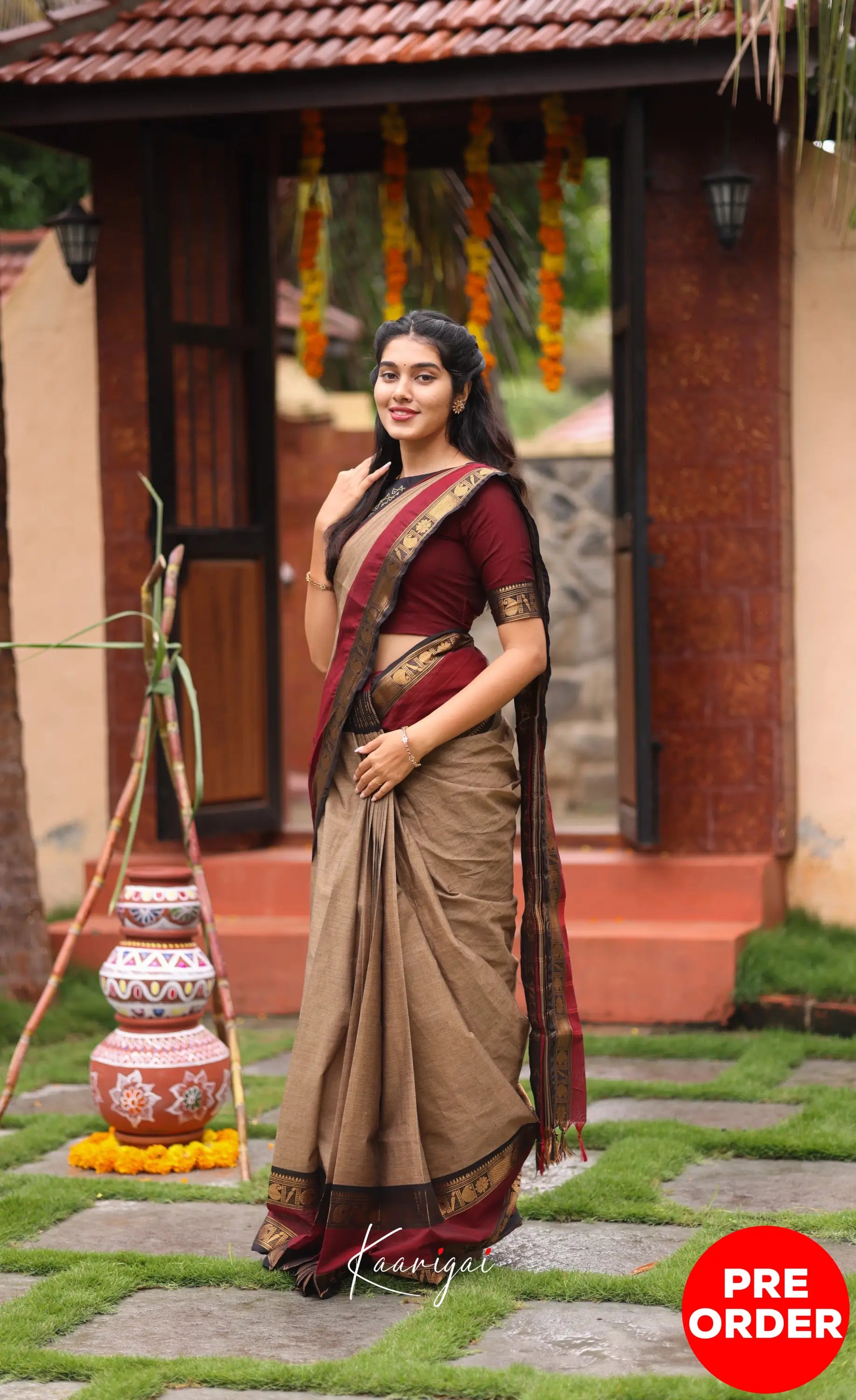 Chettinad Cotton Saree - Beige and Dark Maroon Sarees