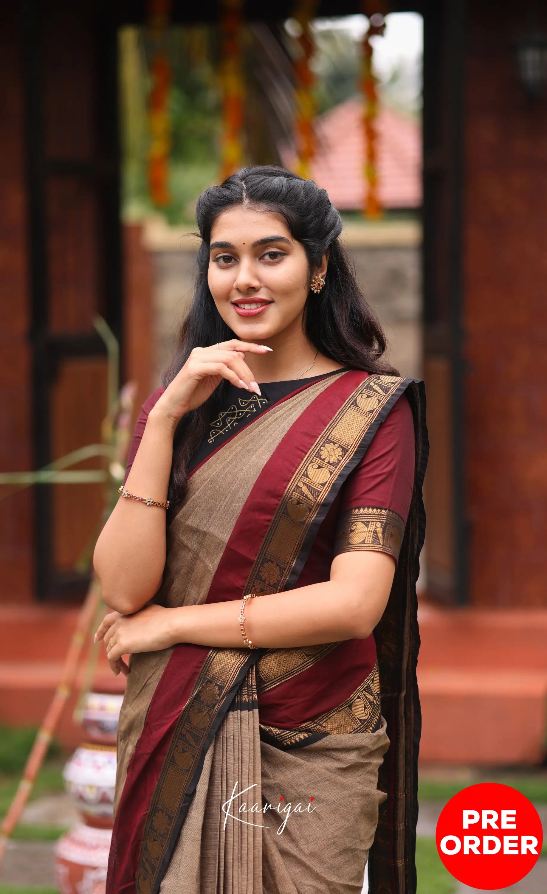Chettinad Cotton Saree - Beige and Dark Maroon Sarees