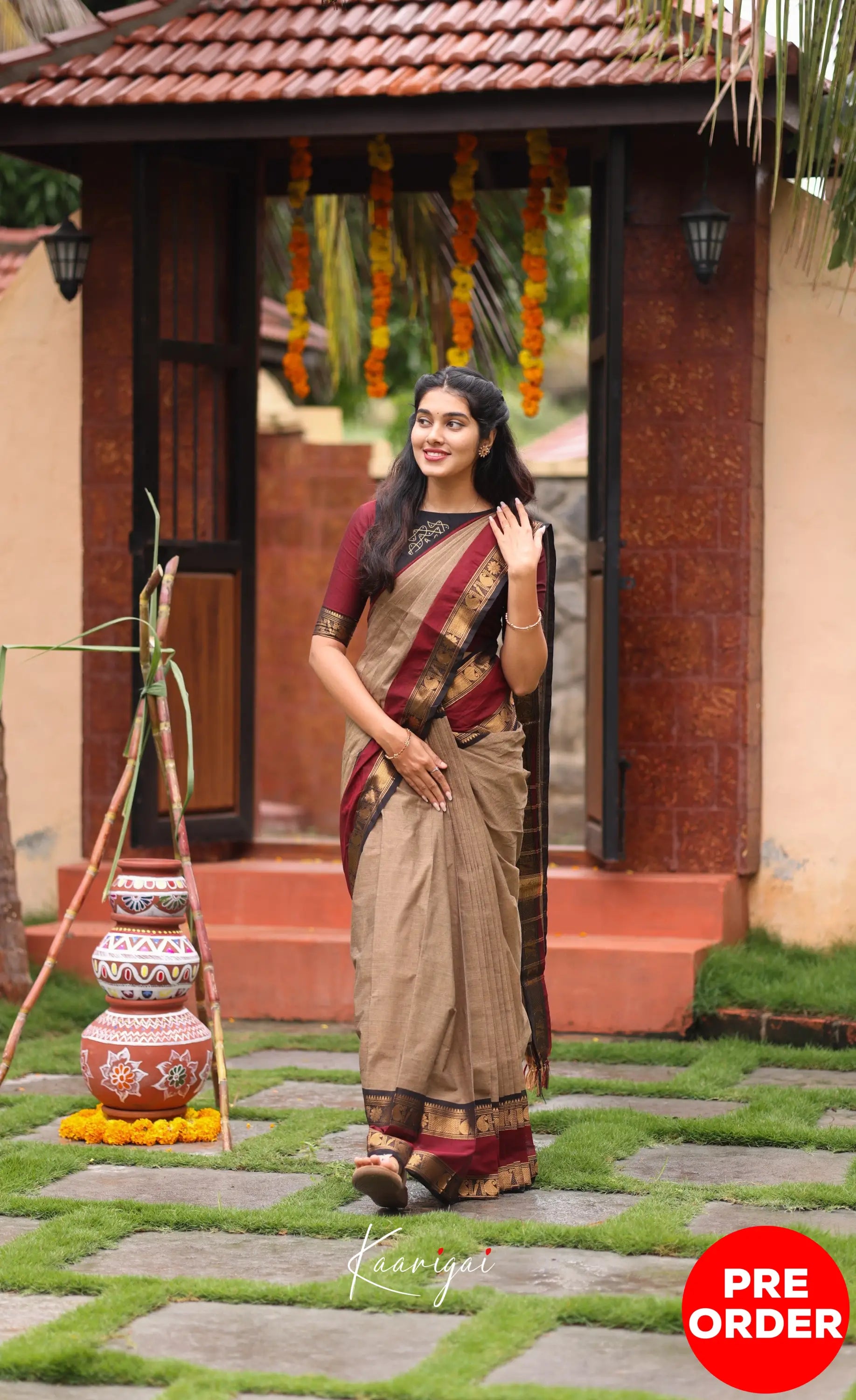Chettinad Cotton Saree - Beige and Dark Maroon Sarees
