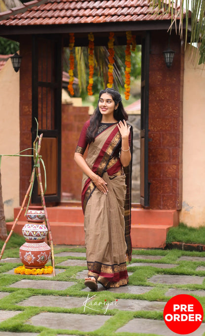 Chettinad Cotton Saree - Beige and Dark Maroon Sarees