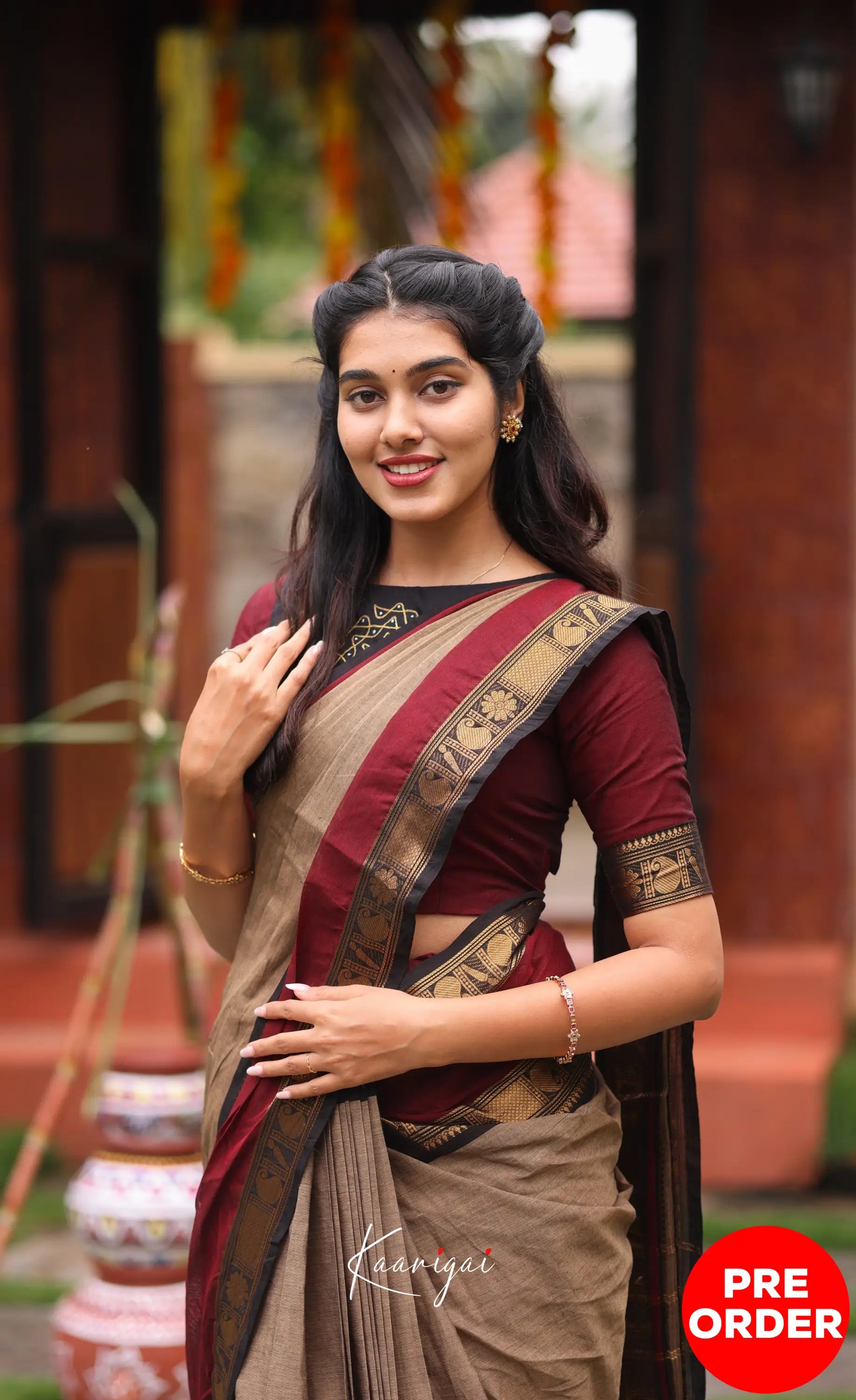 Chettinad Cotton Saree - Beige and Dark Maroon Sarees