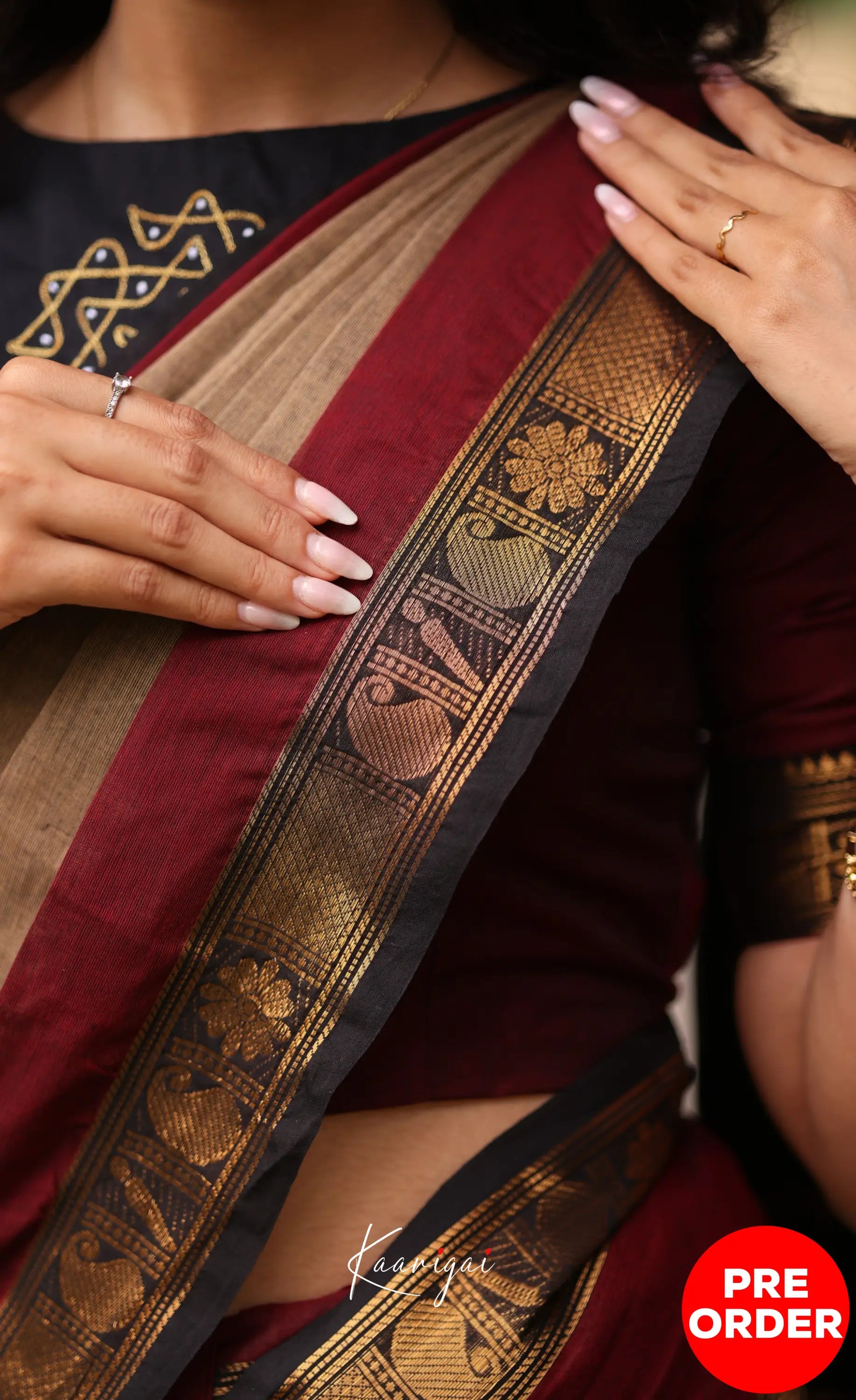 Chettinad Cotton Saree - Beige and Dark Maroon Sarees