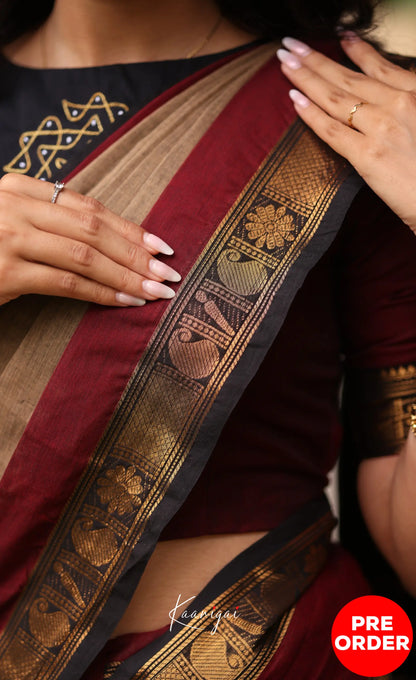 Chettinad Cotton Saree - Beige and Dark Maroon Sarees
