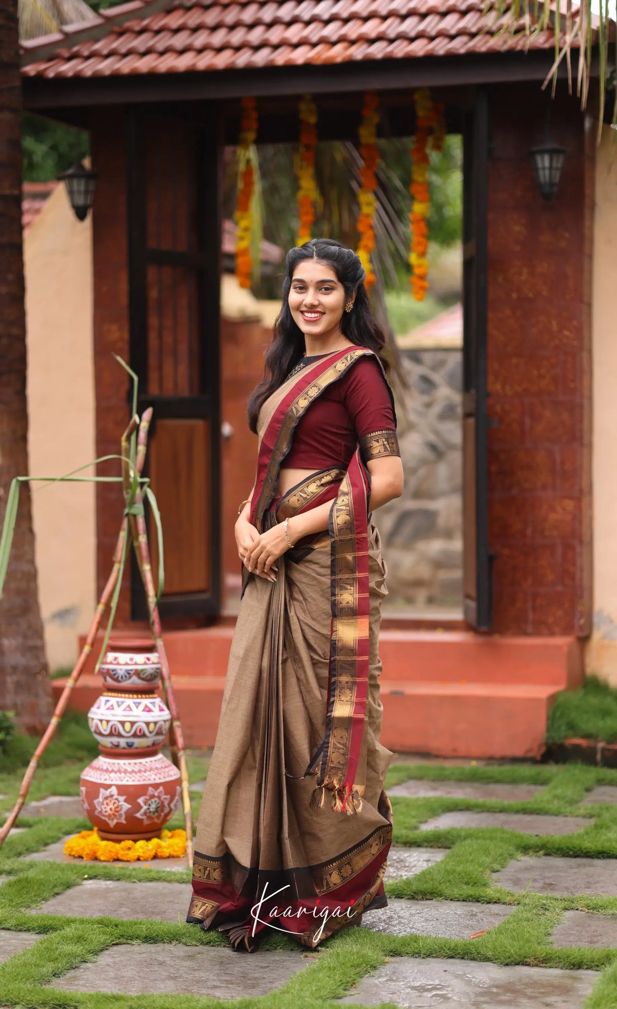 Chettinad Cotton Saree - Beige and Dark Maroon Sarees