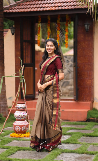 Chettinad Cotton Saree - Beige and Dark Maroon Sarees