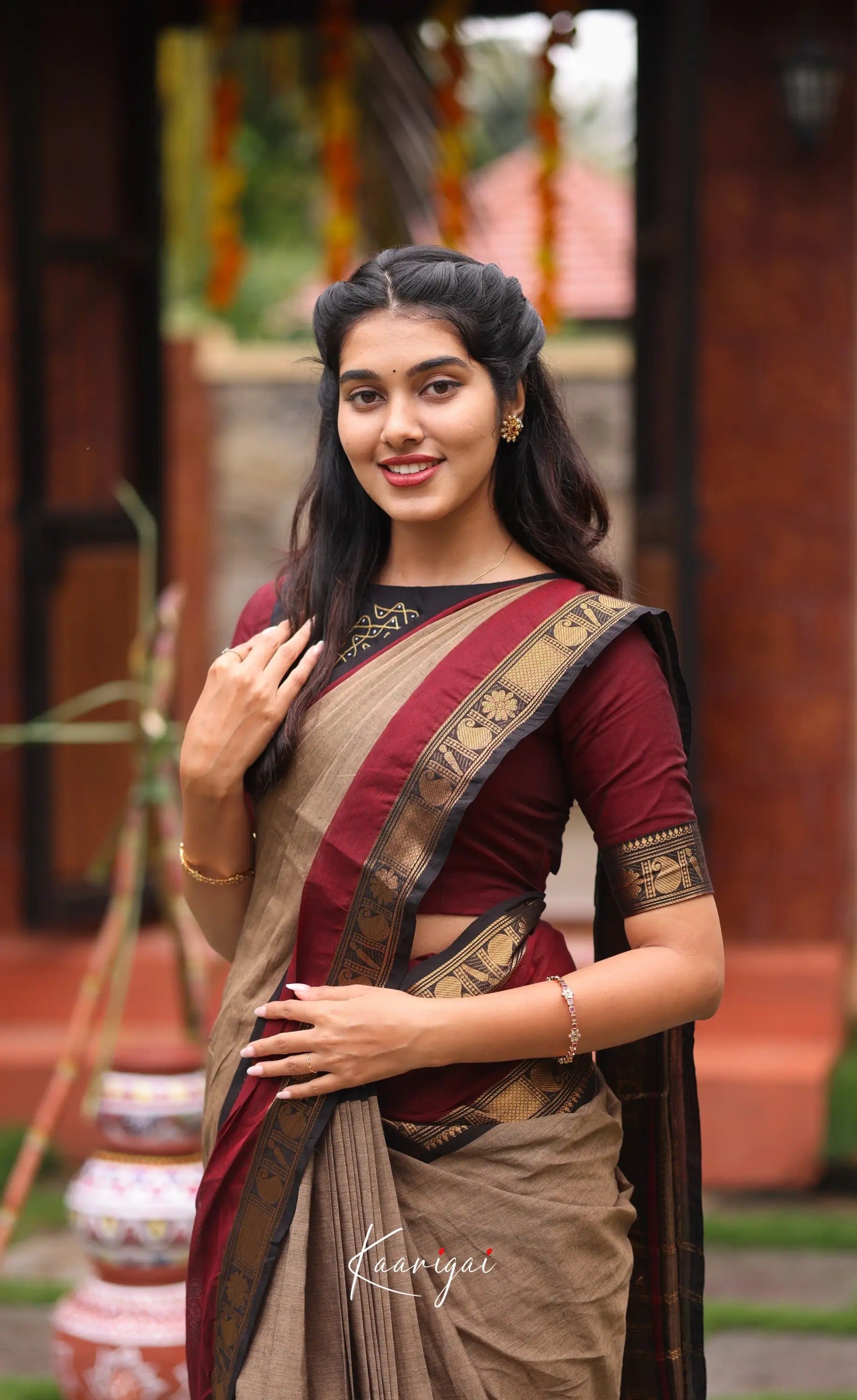 Chettinad Cotton Saree - Beige and Dark Maroon Sarees